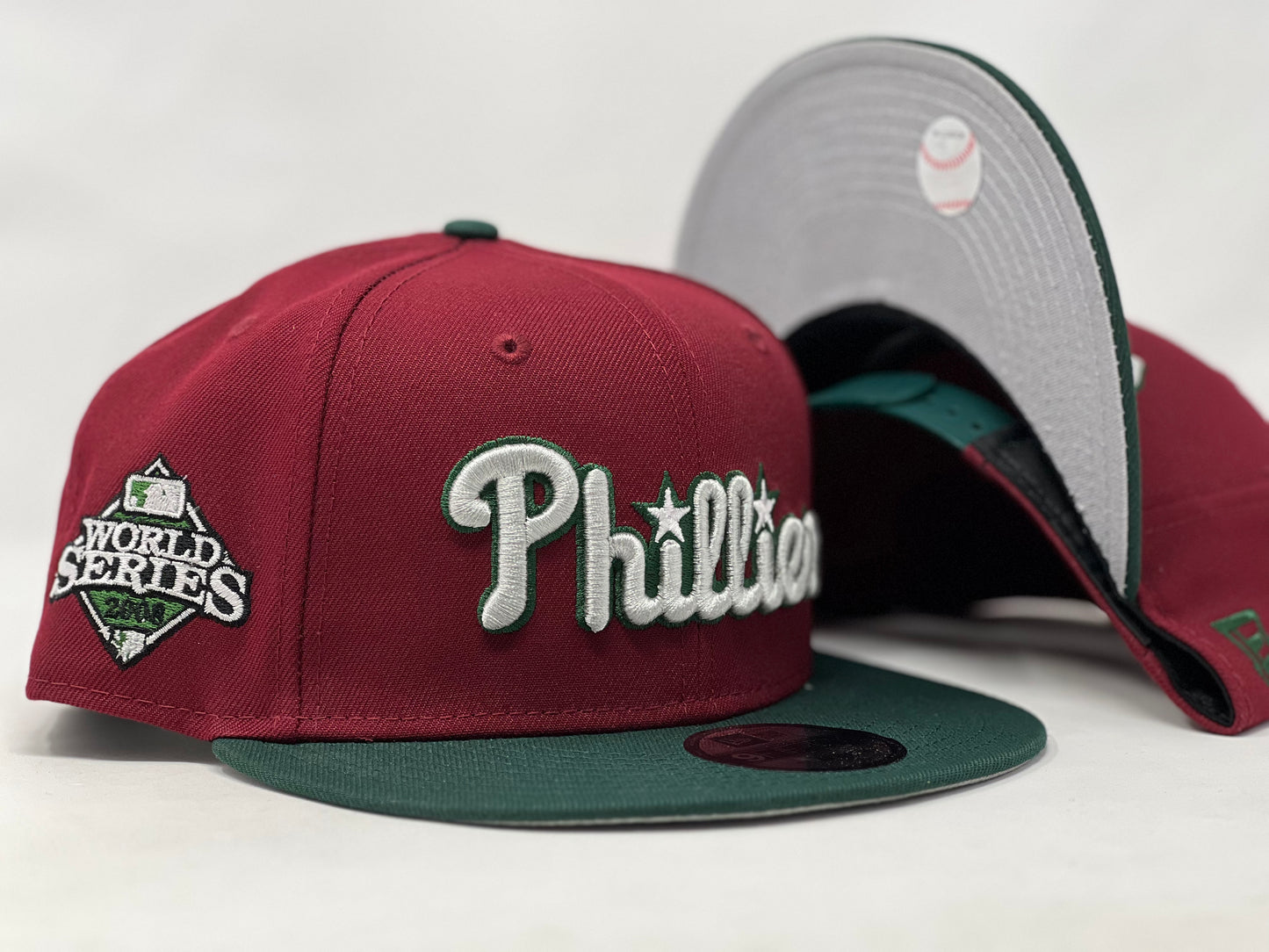 PHILADELPHIA PHILLIES 2008 WORLD SERIES BURGUNDY GREEN VISOR GRAY BRIM NEW ERA FITTED HAT
