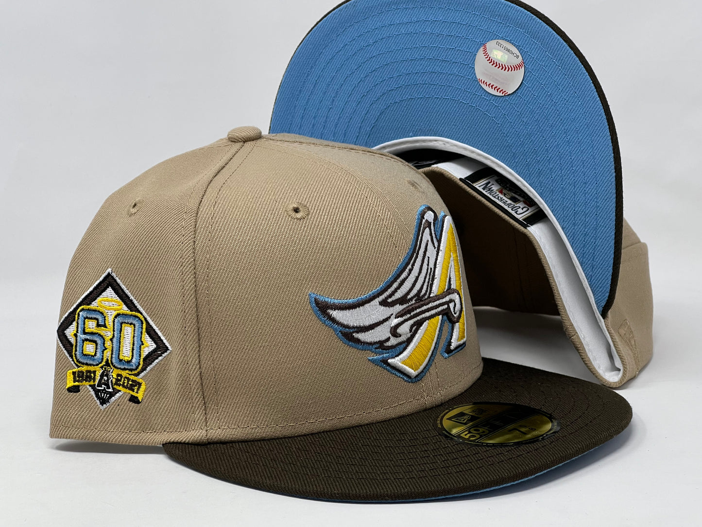 Anaheim Angels 60th Anniversary Camel Brown Visor Sky Blue Brim New Era Fitted Hat