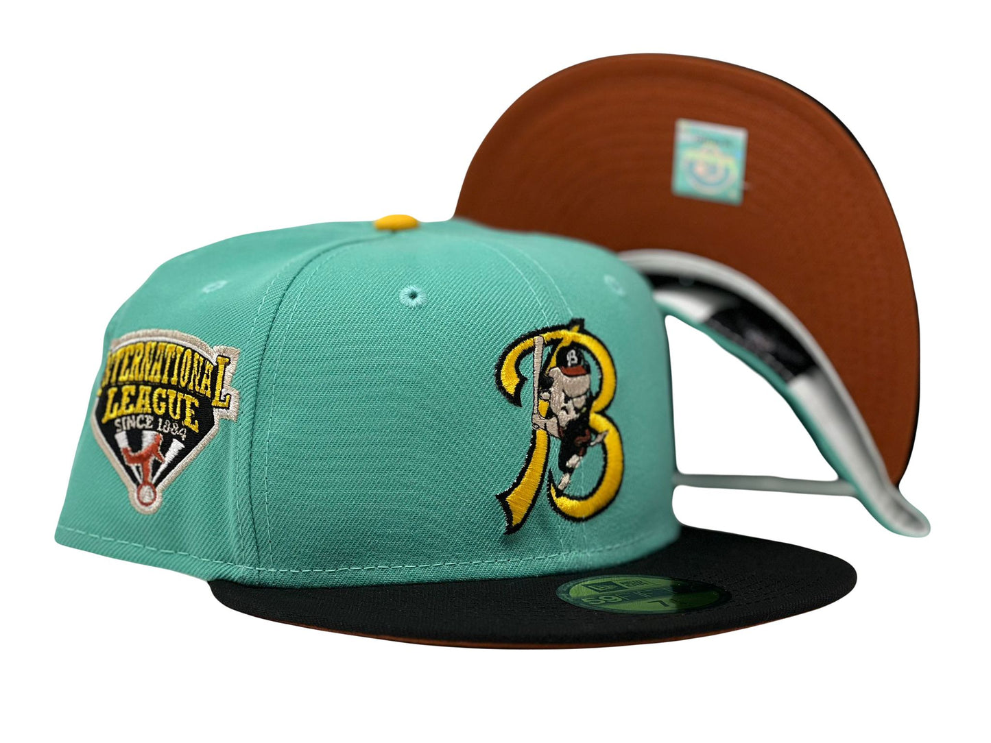 BUFFALO BISONS INTERNATIONAL LEAGUE BLUE TINT BLACK VISOR RUST ORANGE BRIM 59FIFTY NEW ERA FITTED HAT