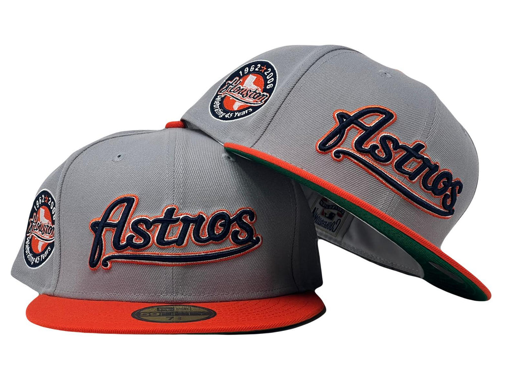 HOUSTON ASTROS 45TH ANNIVERSARY LIGHT GRAY ORANGE VISOR GREEN BRIM NEW ERA FITTED HAT