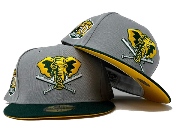 OAKLAND ATHLETICS 50TH ANNIVERSARY OFF WHITE DOME PACK YELLOW BRIM N
