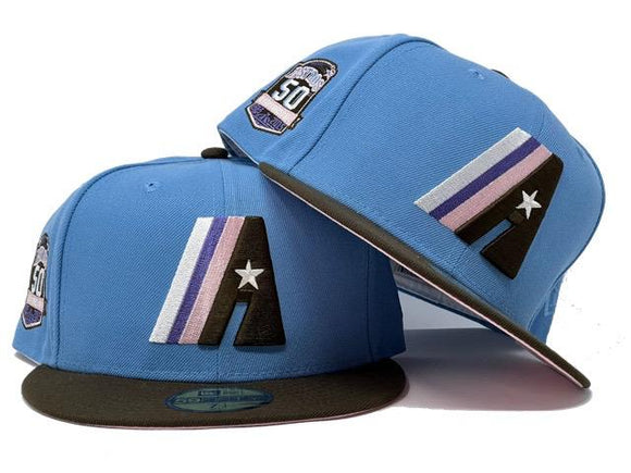 HOUSTON ASTROS 50TH ANNIVERSARY SKY BLUE BROWN PINK BRIM NEW ERA FITTED HAT