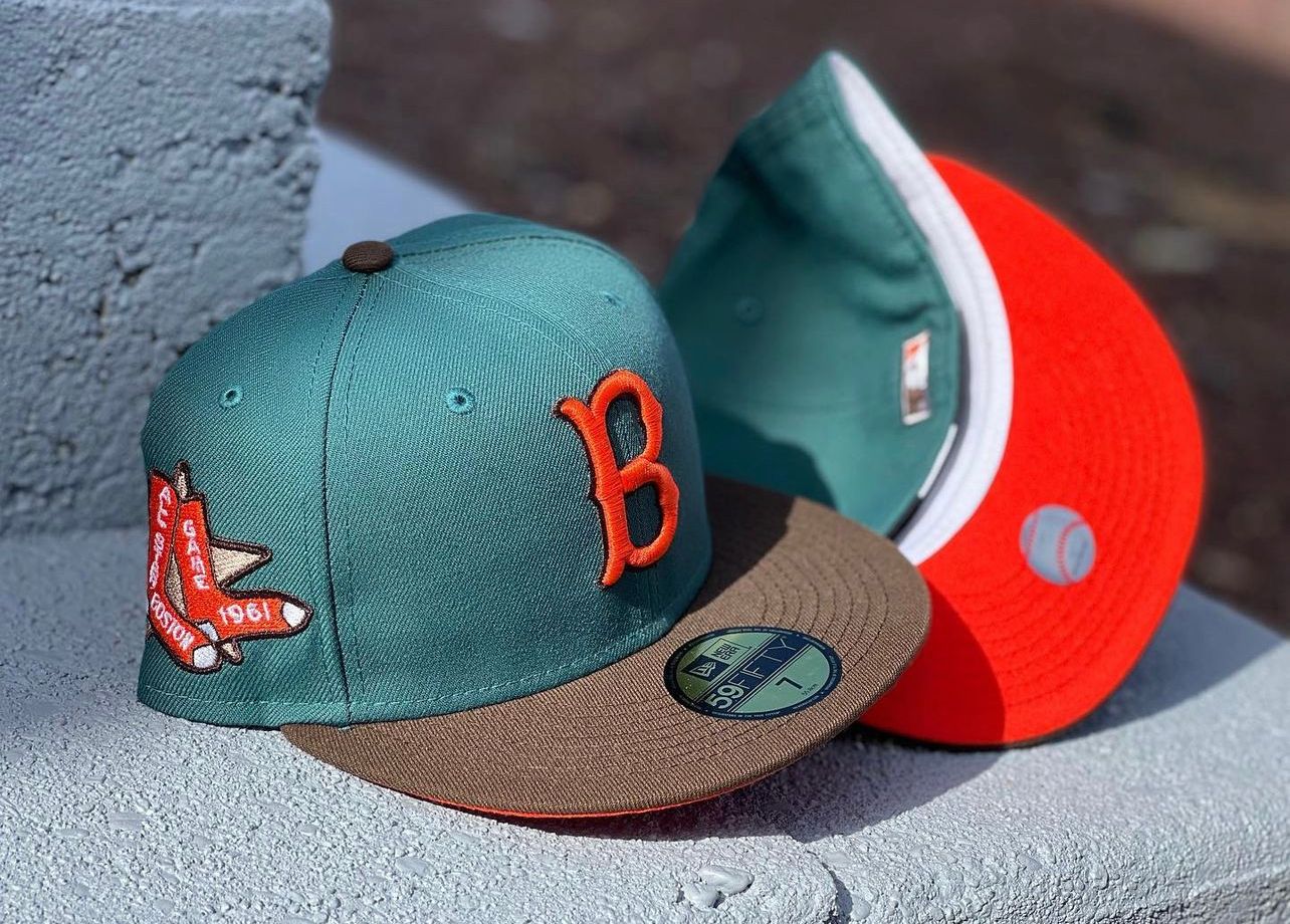 Boston Red Sox 1961 All Star Game Pine Needle Green Brown Visor Orange Brim New Era Fitted Hat