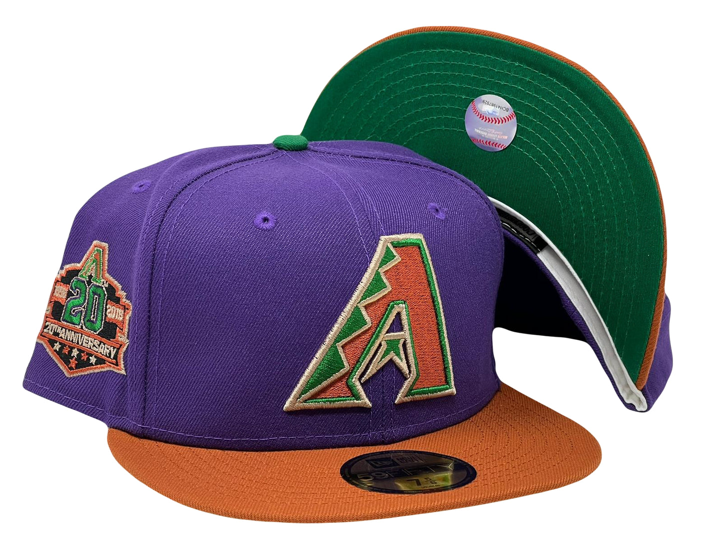 Arizona Diamondbacks 20th Anniversary "NHL Cross Over" Light Purple Rust Orange Visor Green Brim New Era Fitted Hat