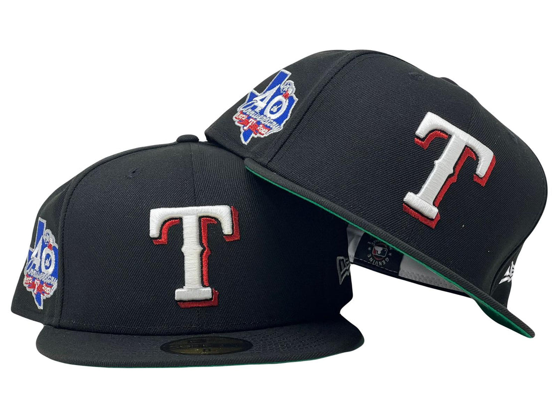 TEXAS RANGERS 40TH ANNIVERSARY BLACK GREEN BRIM NEW ERA FITTED HAT