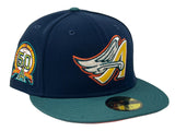 LOS ANGELES ANGELS 50TH ANNIVERSARY "SPACE PACK" NAVY AQUA GREEN VISOR ORANGE BRIM NEW ERA FITTED HAT