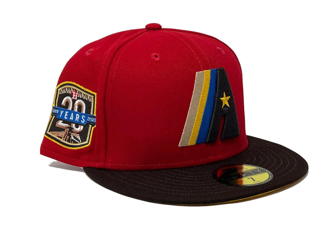 HOUSTON ASTROS 20TH ANNIVERSARY RED BROWN VISOR YELLOW BRIM NEW ERA FITTED HAT