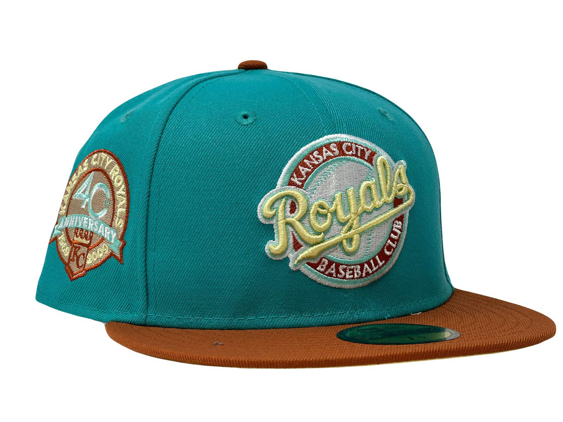 Kansas City Royals 40th Anniversary Aqua Green Rust Orange Visor Butter Popcorn Brim New Era Fitted Hat