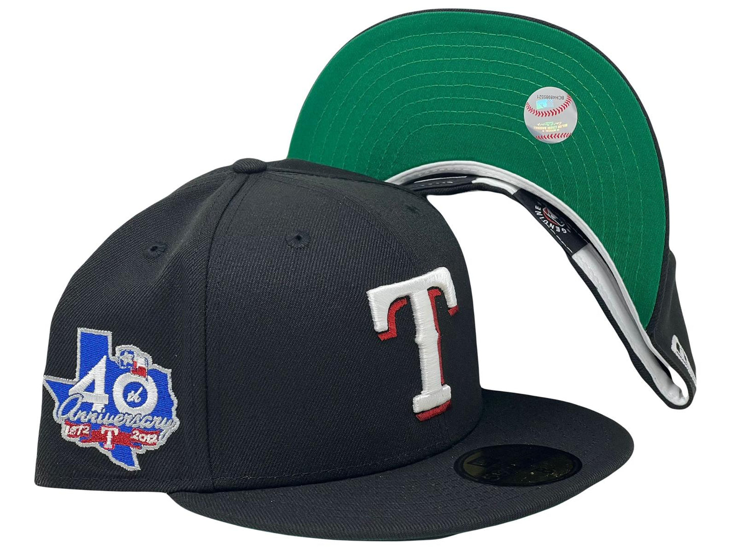 TEXAS RANGERS 40TH ANNIVERSARY BLACK GREEN BRIM NEW ERA FITTED HAT