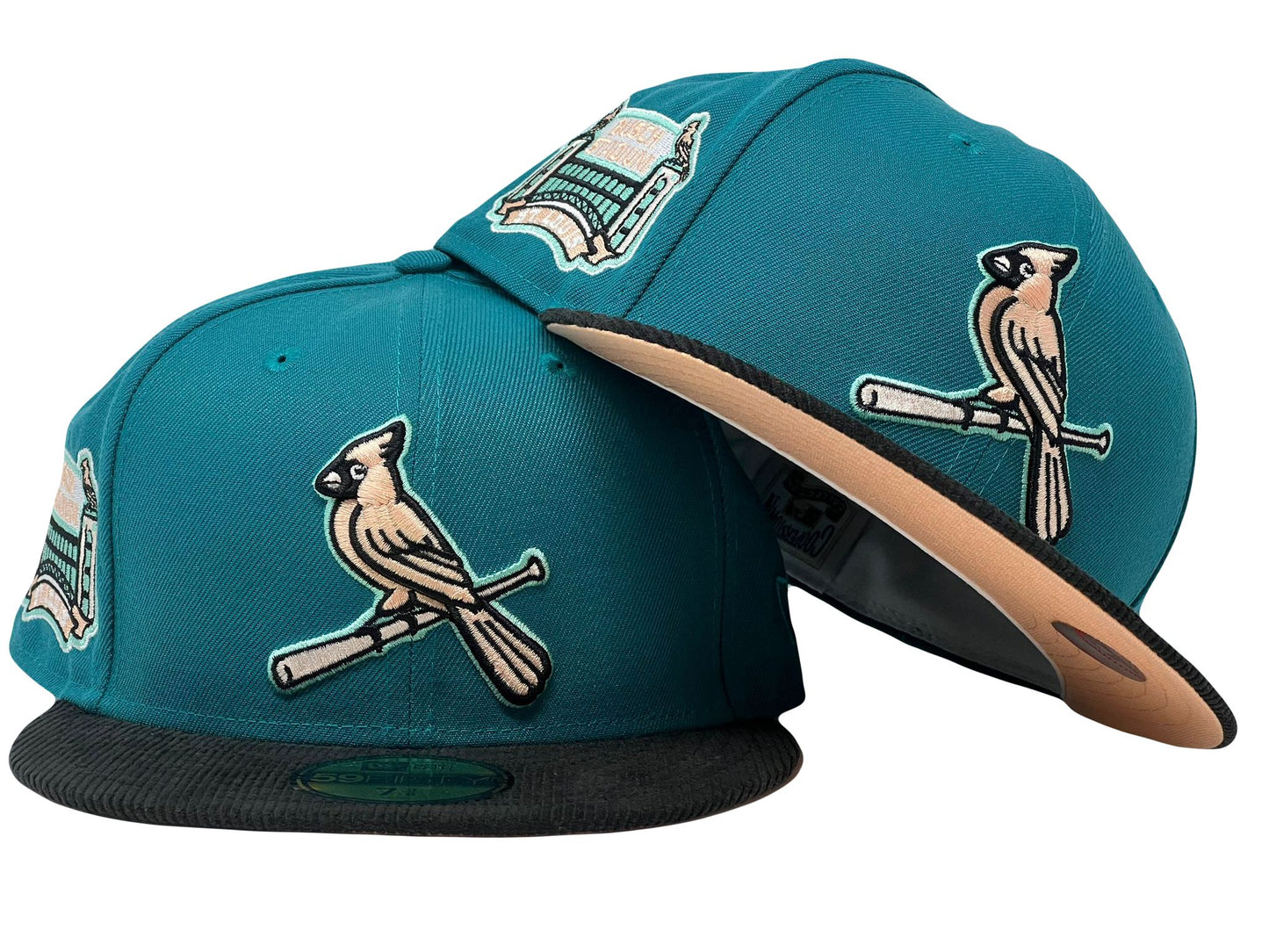 St. Louis Cardinals Busch Stadium Aqua Black Corduroy Visor Peach Brim New Era Fitted Hat