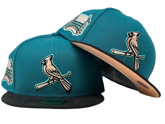 St. Louis Cardinals Busch Stadium Aqua Black Corduroy Visor Peach Brim New Era Fitted Hat