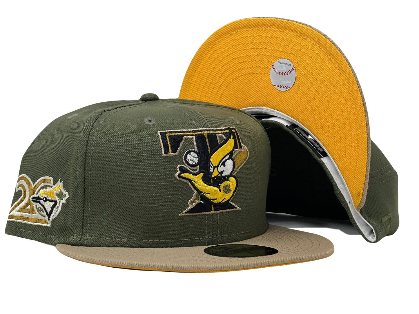 TORONTO BLUE JAYS 20TH ANNIVERSARY OLIVE CAMEL VISOR YELLOW BRIM NEW ERA FITTED HAT