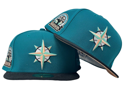 Seattle Mariners 30th Anniversary Aqua Blue Black Corduroy Visor Fitted Hats