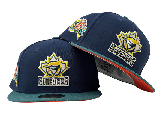 TORONTO BLUE JAYS 25TH ANNIVERSARY "SPACE PACK" NAVY AQUA GREEN VISOR ORANGE NEW ERA FITTED HAT